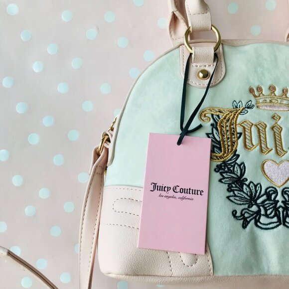 Juicy Couture HERITAGE SATCHEL Velour & Faux leather  w pouch Crystal /Pink Clay - Picture 11 of 12